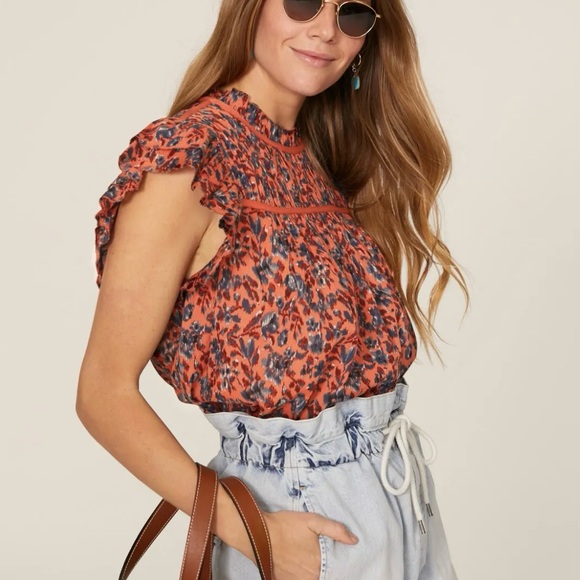 ULLA JOHNSON Etta Hi Neck Ruffle Cap SLV Pleat Yoke Tie Keyhole Back Boho Top 6